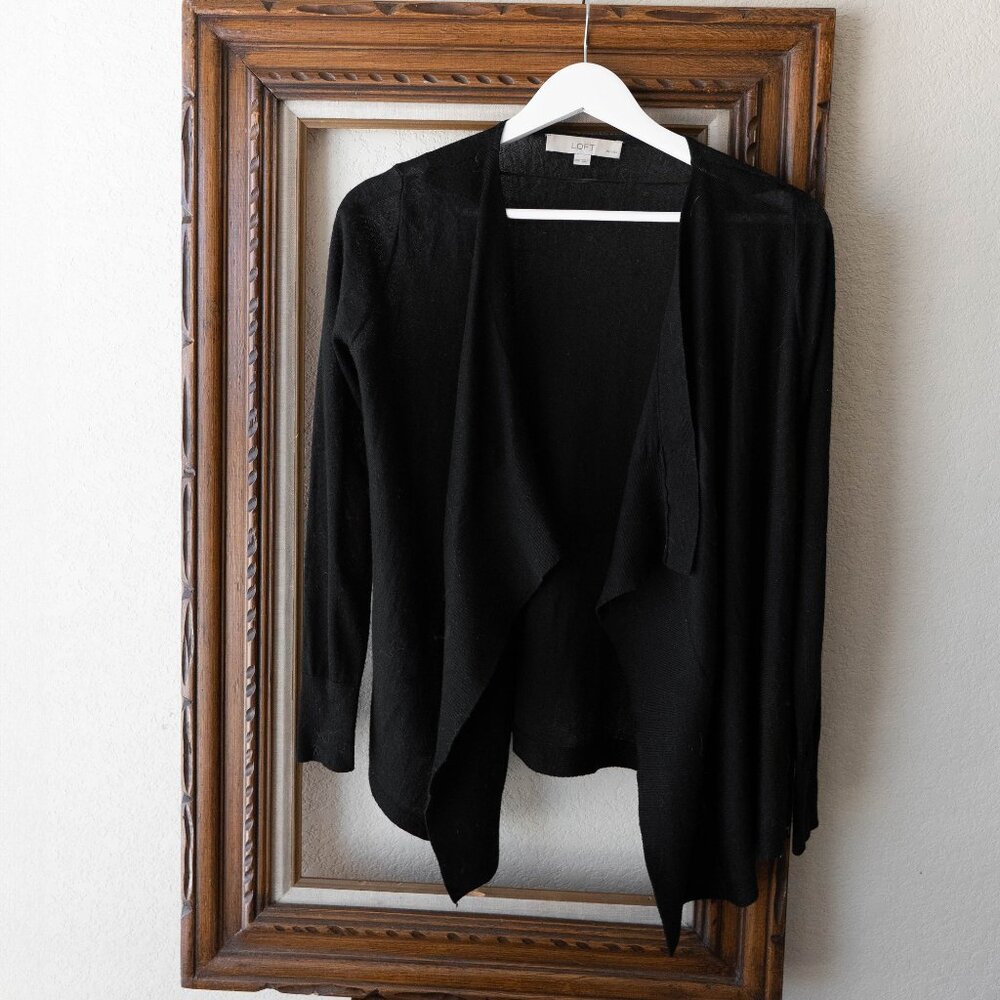 Loft Cardigan Sz XXSP Black Open Front Waterfall Long Sleeve Lagenlook